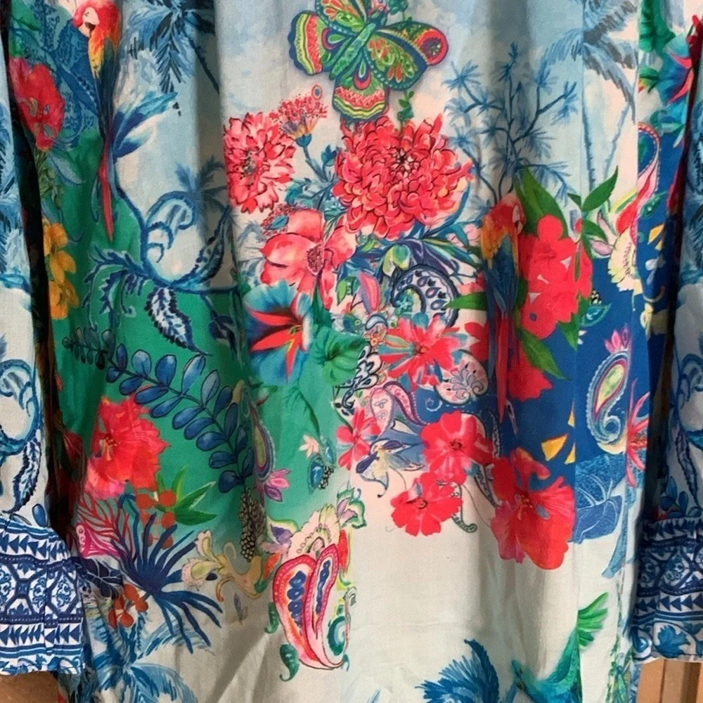 Lulalife colorful rayon blouse with tassel ties Size Small